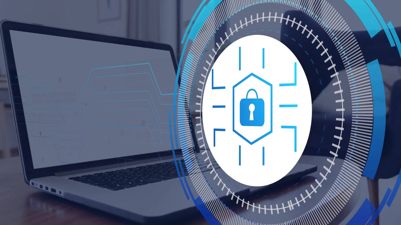 Circular security HUD activating on laptop wake, pulsing, scanning code window, protecting data