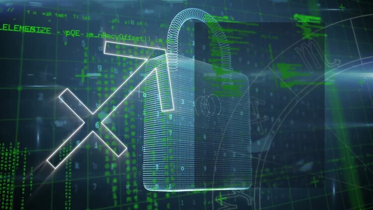 Animation of digital padlock, arrow and data processing on navy background