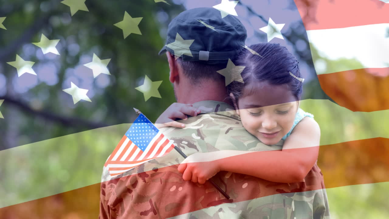 концептуальная цифровая анимация, показывающая ребенка, обнимающего американского солдата, возвращающегося домой 4k