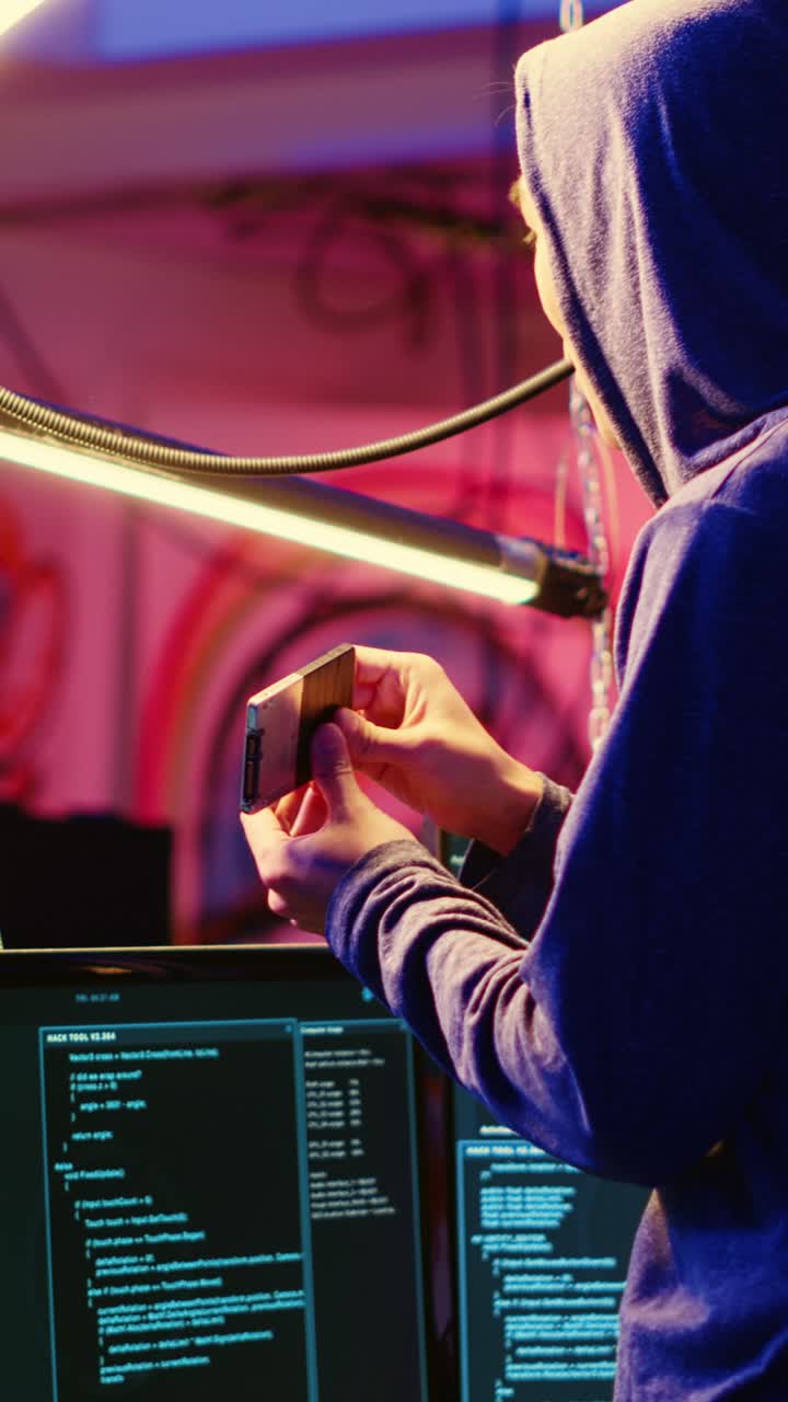 Hacker di video verticali che carica crack di software su SSD