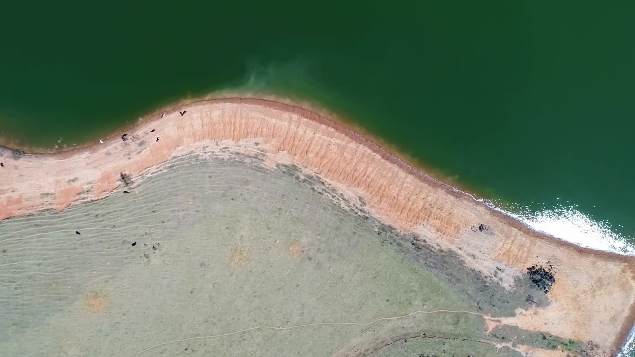View of outline of beach on sunny day. Aerial birdseye, dolly right