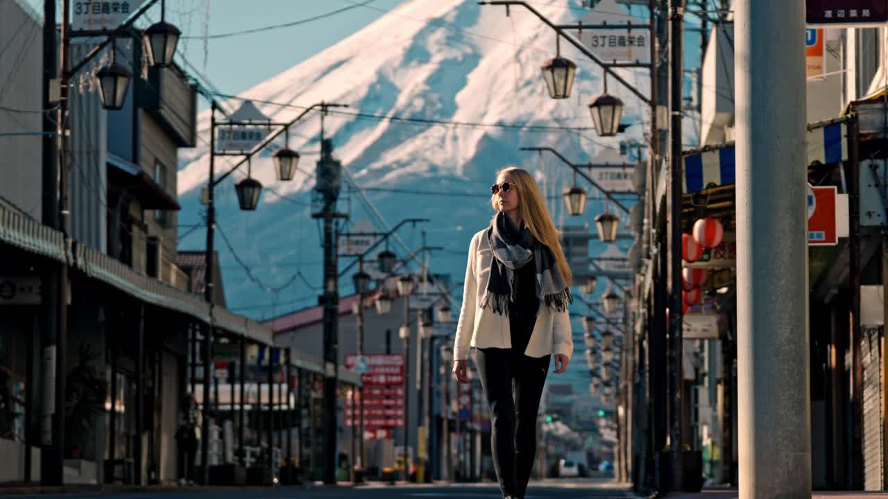 un video de una mujer caminando por la calle honcho en la ciudad de shizuoka, japón, con el majestuoso monte fuji cubierto de nieve de pie en el fondo.