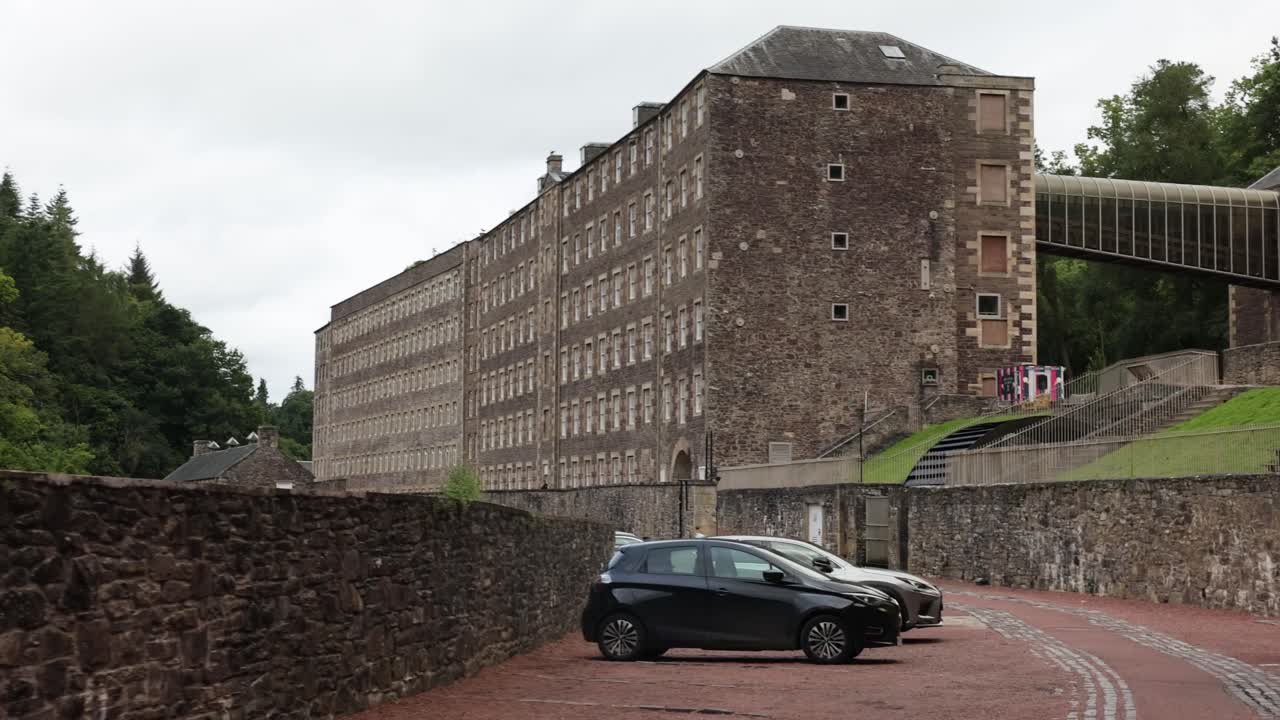 Wide angle shot revealing the UNESCO site at New Lanark, Scotland