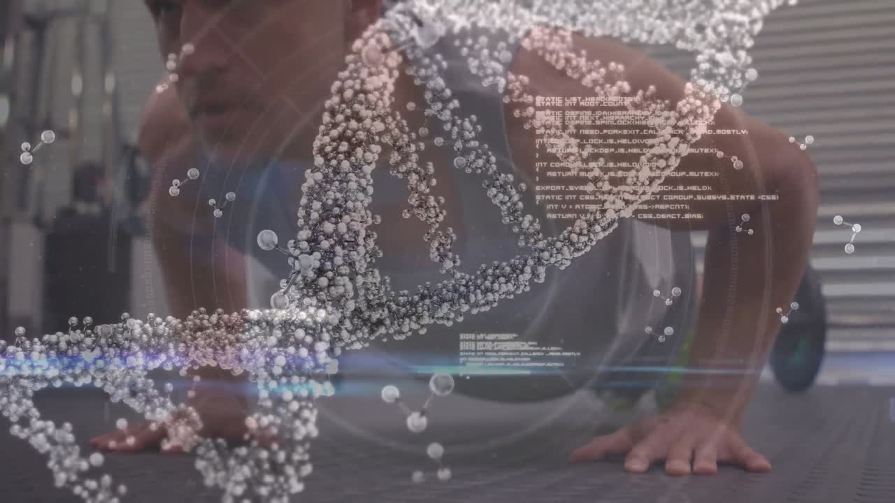 데이터 프로세싱과 강인한 사람의 운동을 하는 dna 가닥의 애니메이션