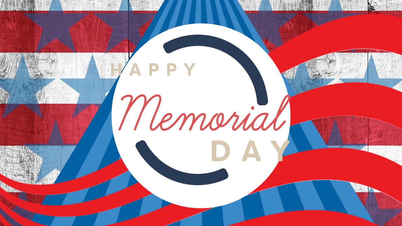 animación del texto del feliz día del recuerdo sobre las estrellas y rayas de la bandera estadounidense