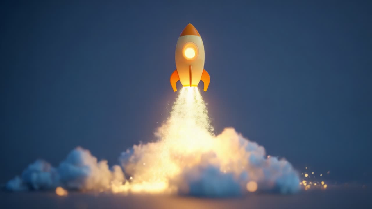 A vibrant and dynamic scene featuring a cartoon-style rocket taking off amidst a cloud of smoke, illuminated by sparkling lights, symbolizing adventure, exploration, and innovation