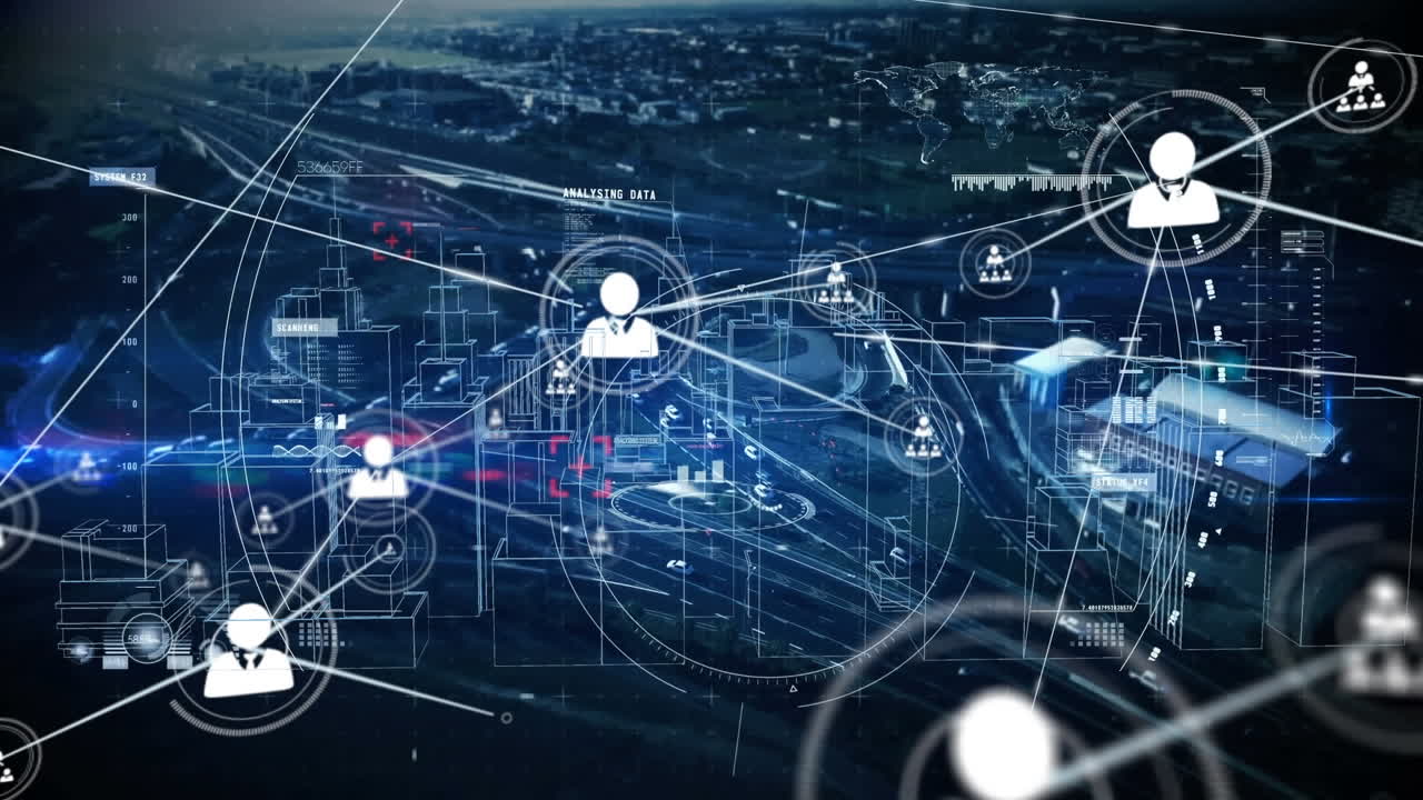 Animazione di una rete di connessioni con icone di persone su un paesaggio urbano.