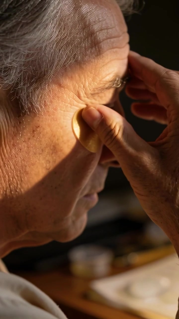 Video verticale: Uomo anziano che applica una patch in gel dorato, lisciandola allo specchio per farla aderire, con luce dall'alto