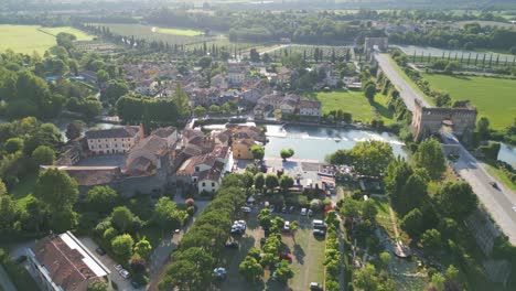 aerial shot of borghetto village near verona, italy