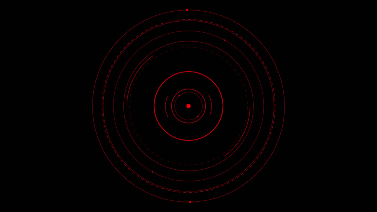 Abstract heads-up display with glowing red concentric circles, data points, and markers. Seamless loop for sci-fi, tech, or data visualization. Isolated on black background for overlay