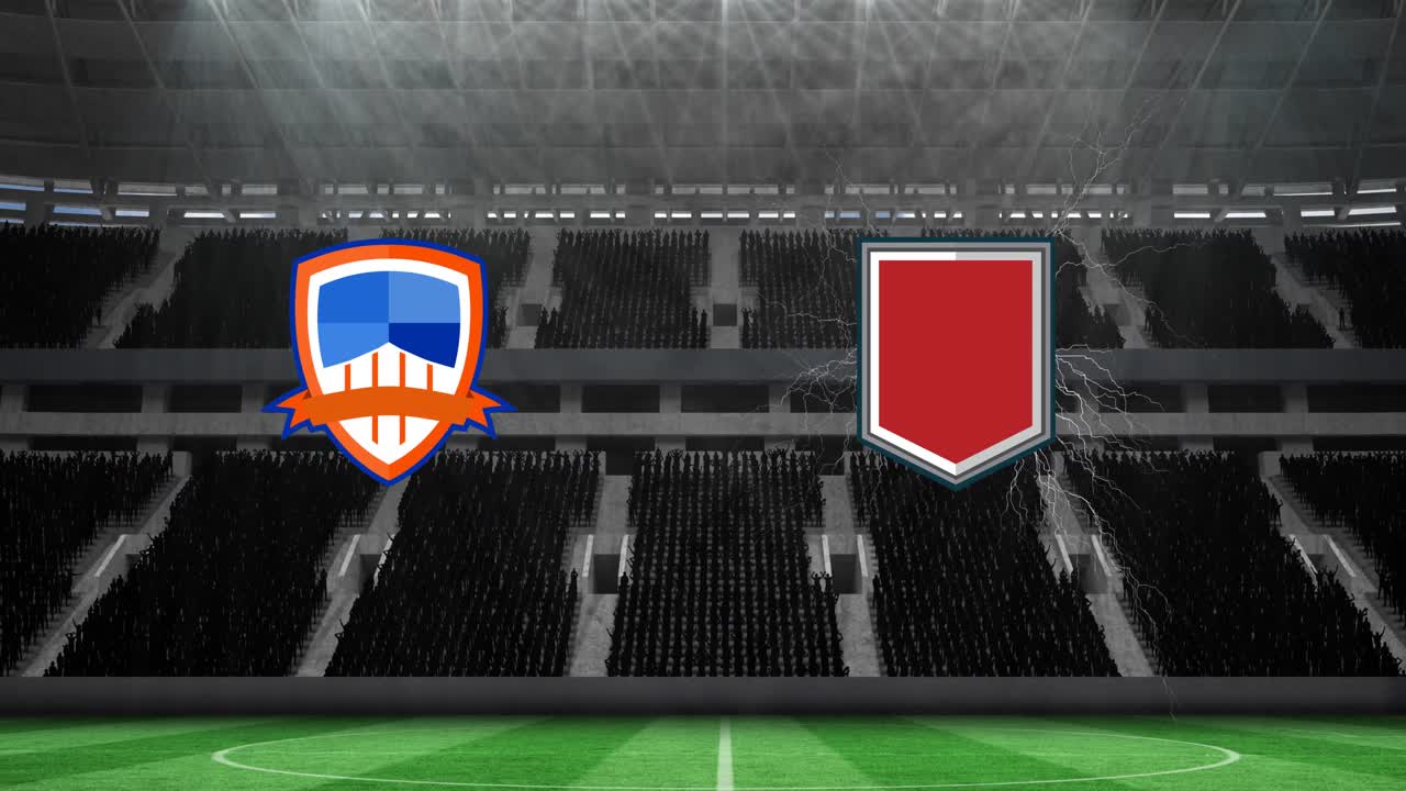 Animation of two team emblems over sports stadium