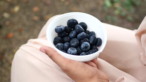 vista trasera de mujeres comiendo fruta de baya azul al aire libre ,