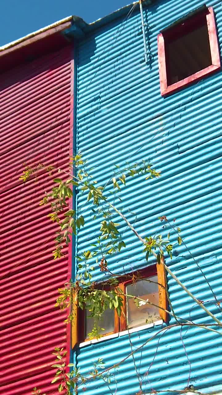 Casas coloridas do Caminito, detalhes em close-up, Bandeira Argentina Vertical, Buenos Aires