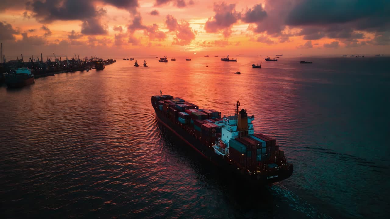 Khung cảnh ngoạn mục của một tàu container di chuyển trên vùng biển êm đềm lúc hoàng hôn tuyệt đẹp, với những màu sắc rực rỡ chiếu sáng bầu trời và các tàu thuyền ở đằng xa trên nền.
