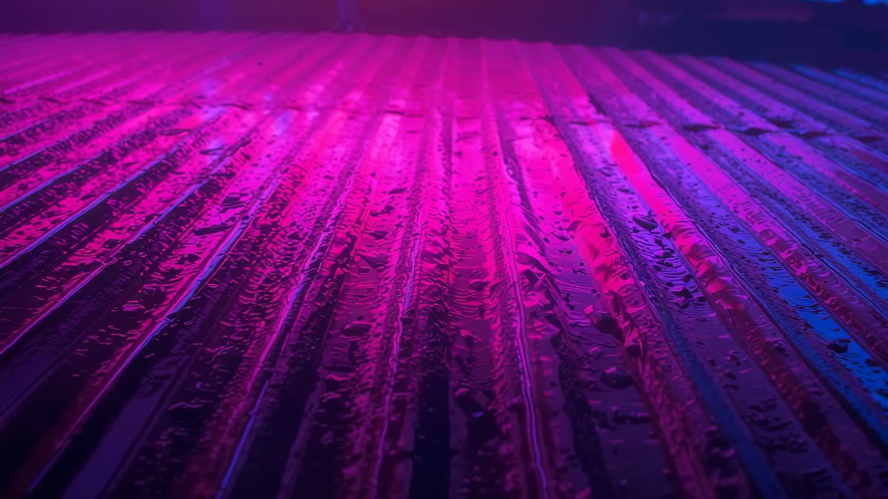 Pulsing neon light bathing wet corrugated metal panel with shimmering water droplets in dark studio