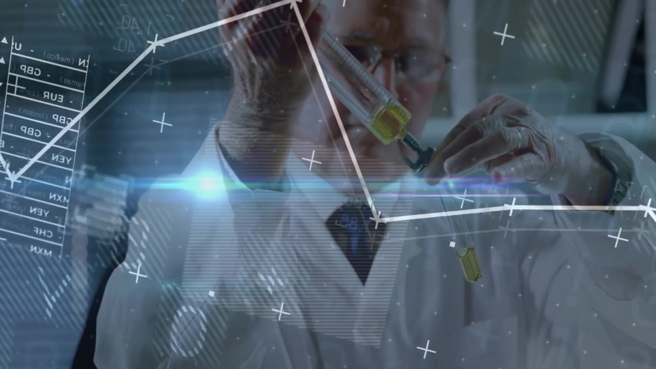 Senior laboratorieforsker indsætter pipette i reagensglas til test med animerede datapaneler.