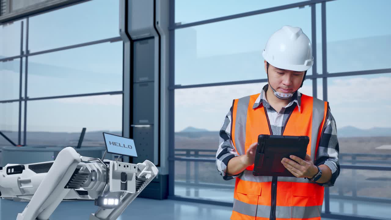 ingeniero asiático con casco de seguridad trabajando en una tableta mientras está de pie en una fábrica de alta tecnología, analizando el concepto de máquina robótica