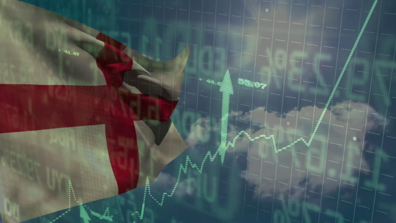 Animation of English flag waving over stock market growth chart and financial data