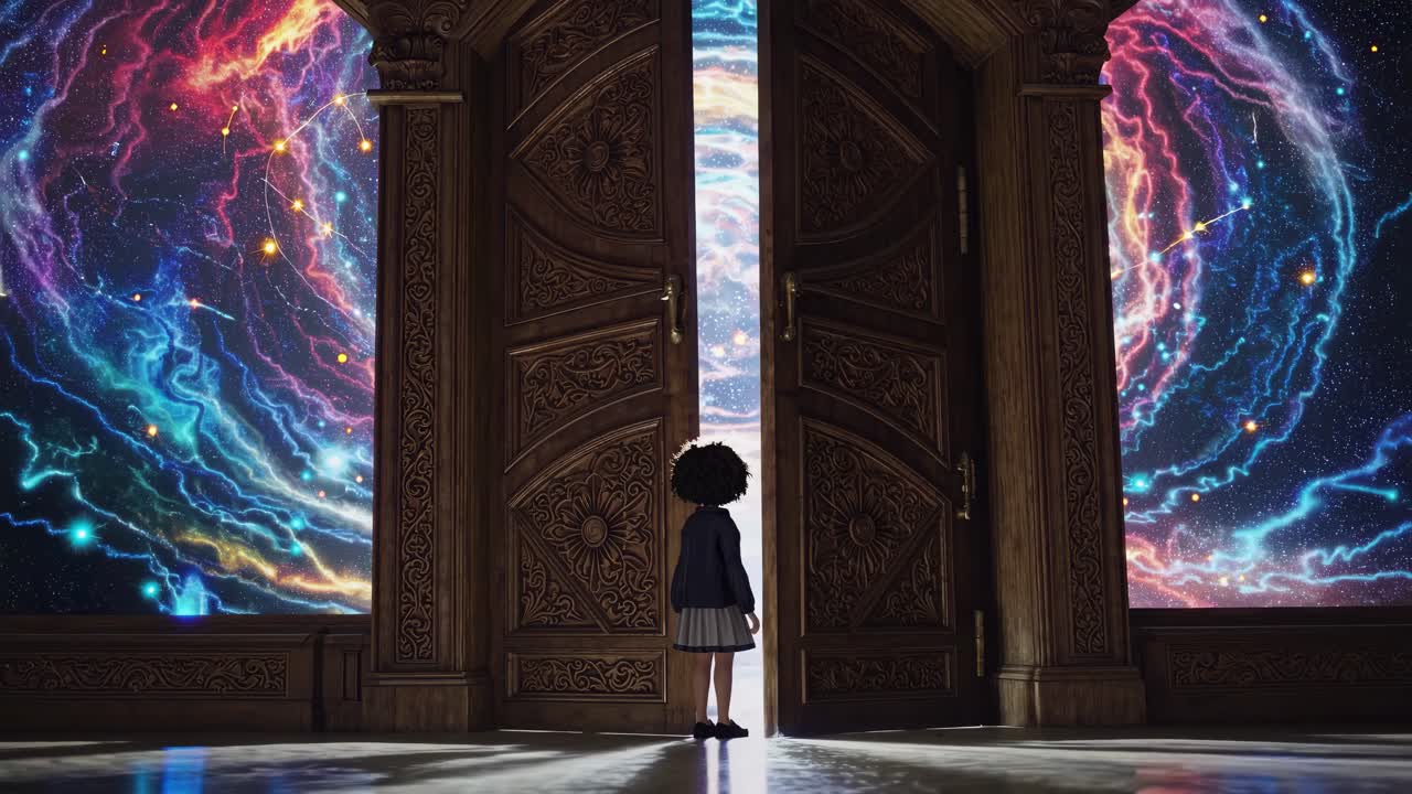 A Child Standing Before a Portal to Space