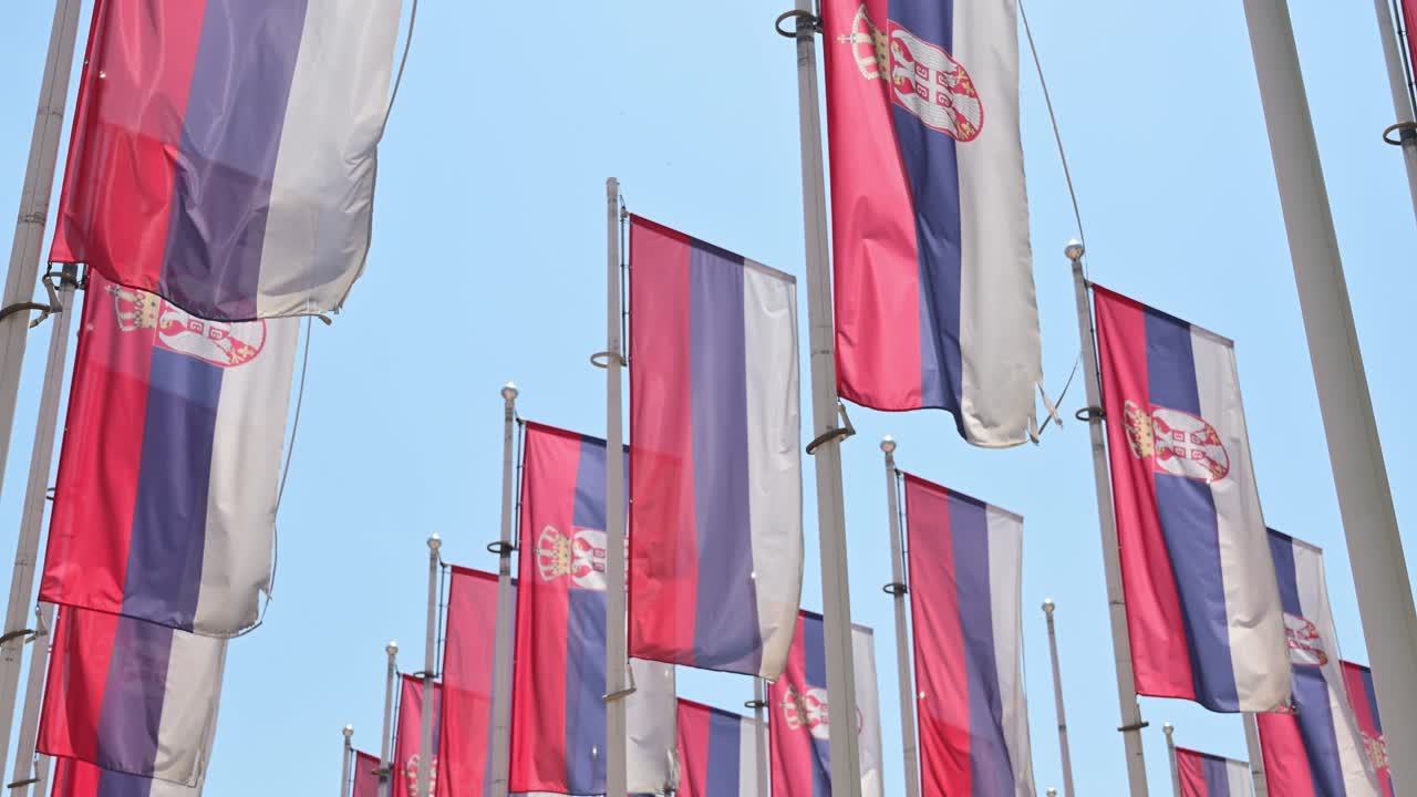 Serbian flags flapping in hot summer breeze, 4K selective focus