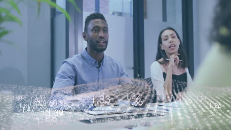 diverse colleagues discussing at office with digital data overlay animation