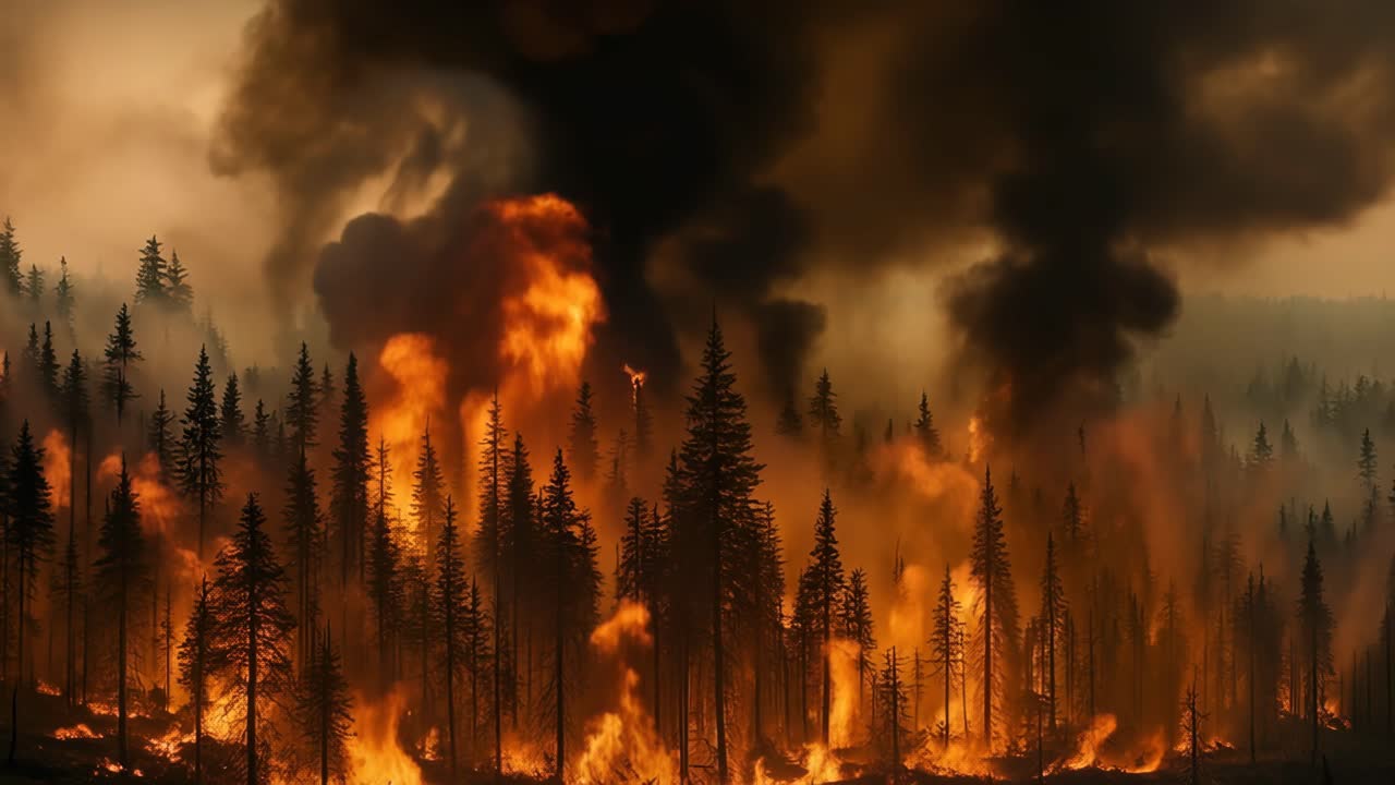 Veduta aerea drammatica di un incendio boschivo con fiamme altissime e fumo denso, che cattura l'intensità