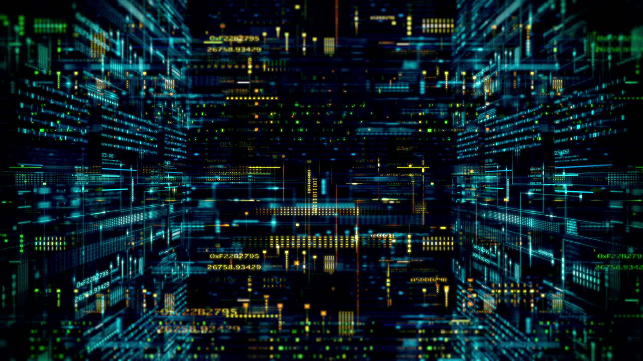 4K screen background with digital data code and HUD elements, ideal for text titles and horizontal displays.