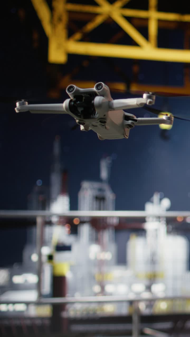 Vertical Video Professional drone operators flies a UAV around a drilling rig