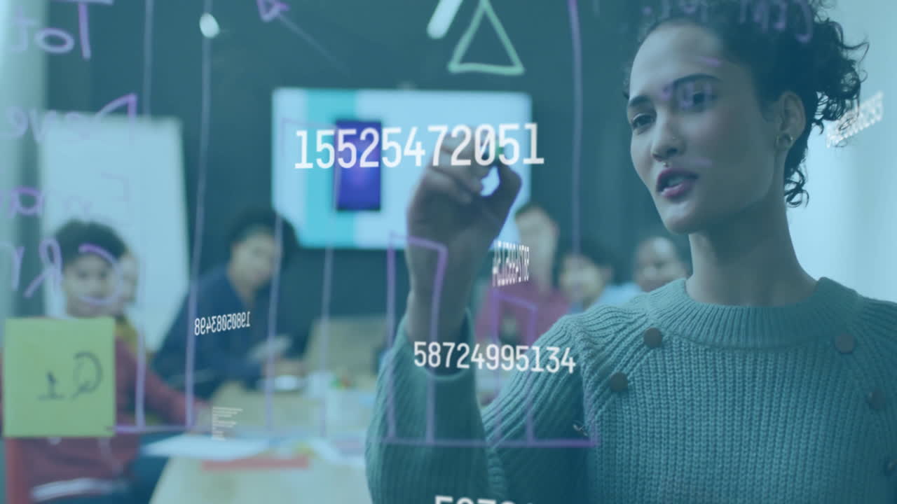 Writing numbers on transparent board, woman with colleagues in background, data animation