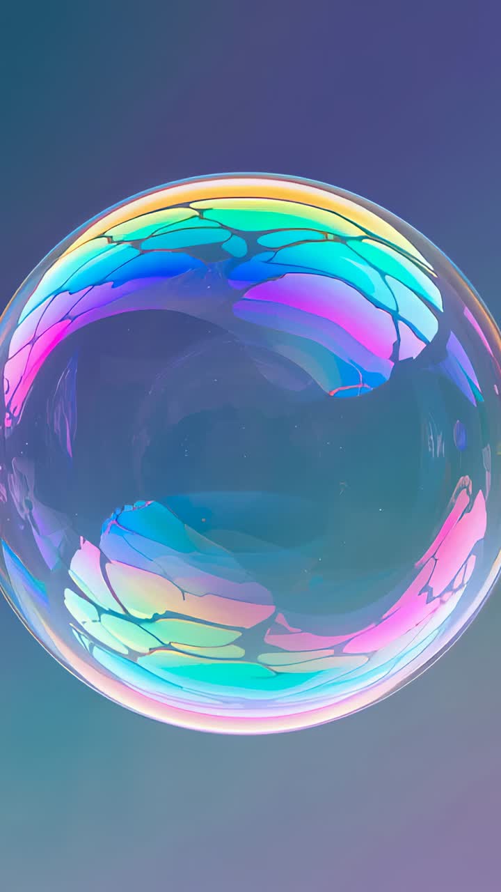 Vertical video: Glowing large soap bubble shifting colors from film flow over teal purple backdrop