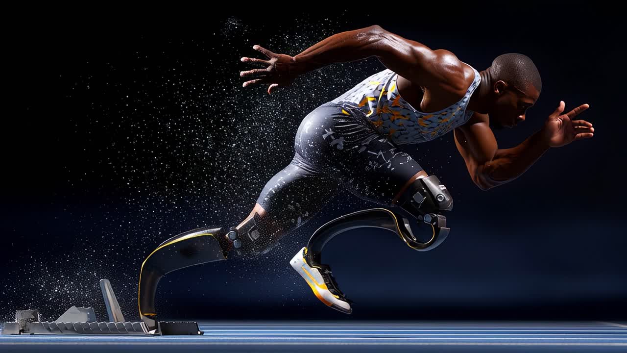 An Inspiring Display of Speed and Strength: An Athlete Utilizing Advanced Prosthetic Legs on the Track, Showcasing Determination, Elegance, and Physical Excellence in Running