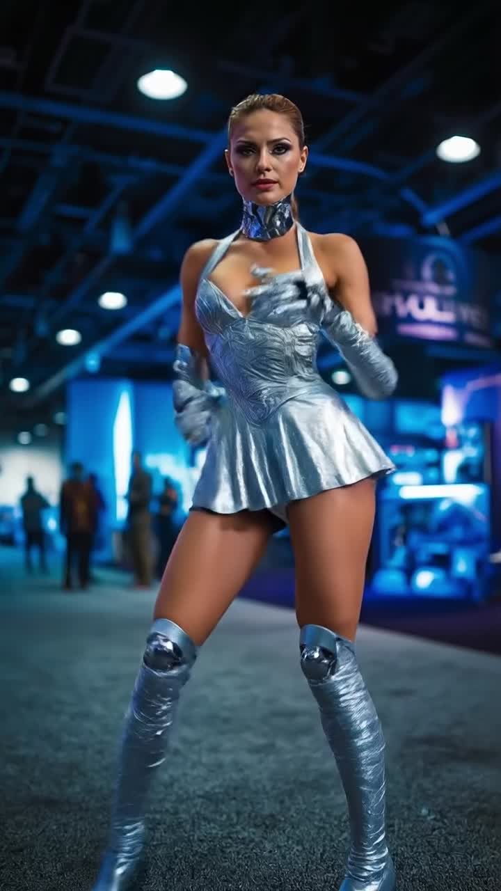 Donna in abito metallico argentato con gambe bioniche in posa a un evento notturno al neon