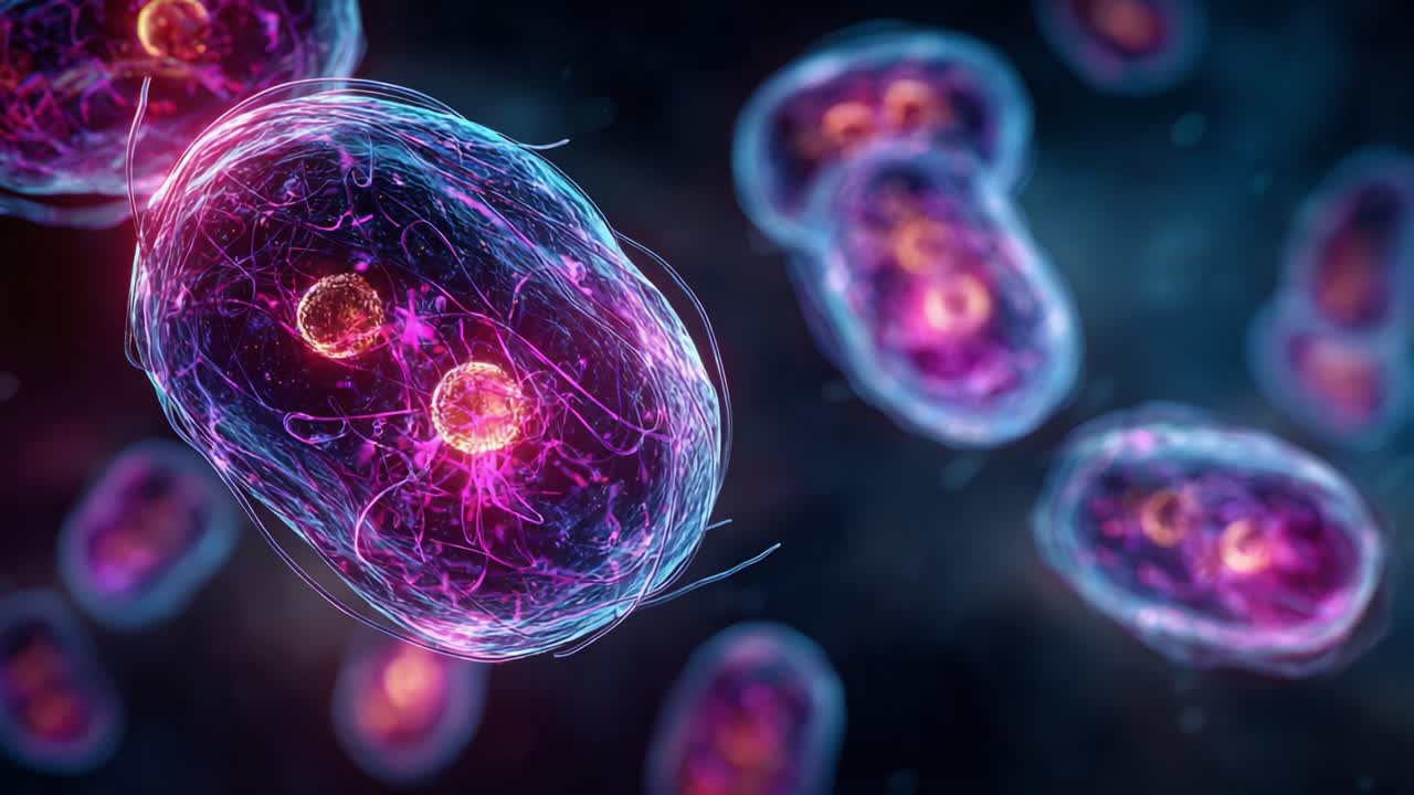 Microscopic View of Vibrant Cells Undergoing Division, Showcasing Intricate Structures of Life in Motion, Illuminating Biological Processes and Cellular Dynamics