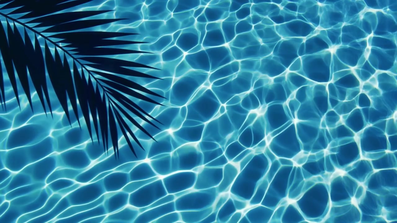 Sunlight Refraction on Swimming Pool Water with Palm Leaf Shadow