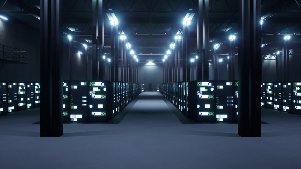 Hall in data center with server racks