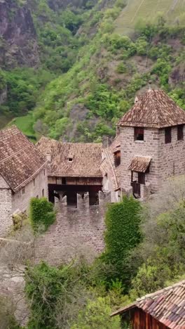 vertical circle shot above the tower and stone walls of roncolo castle, showcasing nature growing on the walls and surrounding landscape.