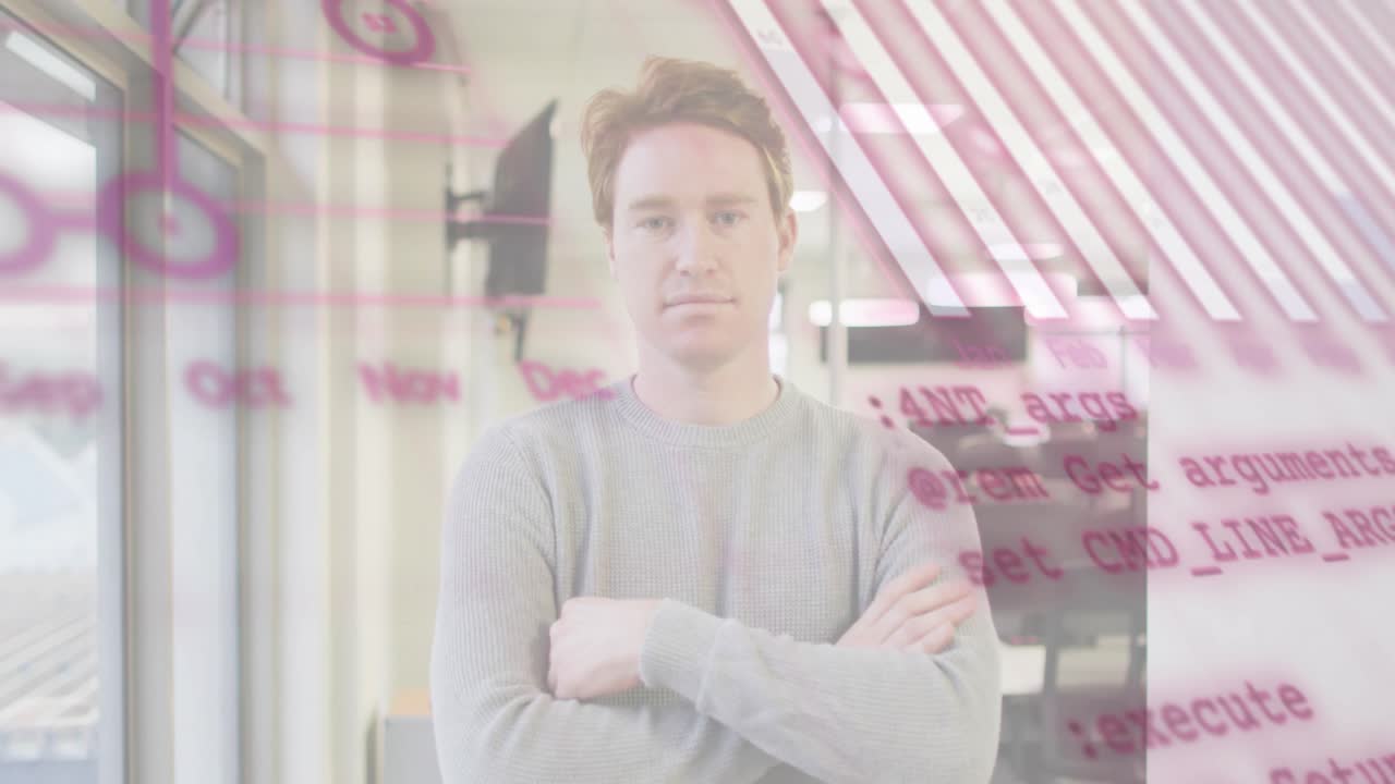 Un overlay di codice rosa che si intensifica, attivando un ingegnere che incrocia le braccia in un ambiente tecnologico, con grafici e un globo animati.