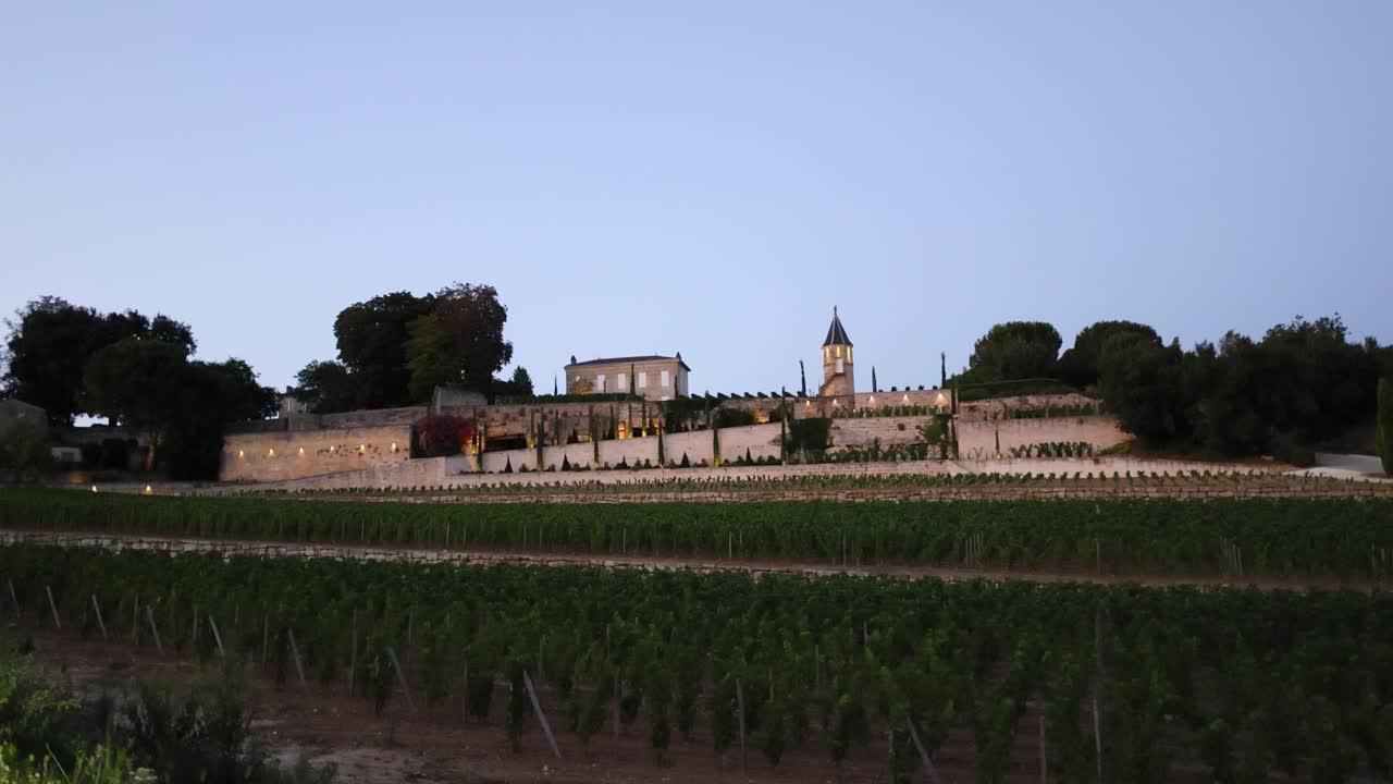 Chateau and vineyards at dusk in Bordeaux