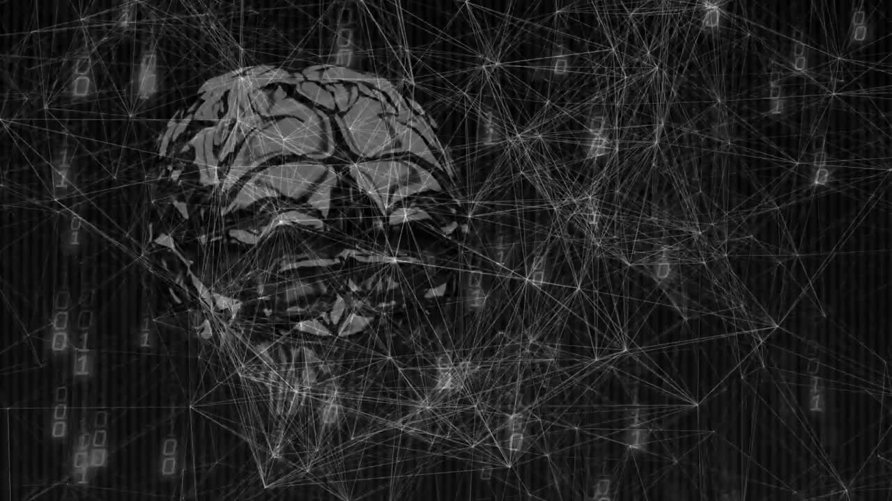 Cervello 3D traslucido che fluttua mentre nodi di rete luminosi fanno scorrere a cascata cifre binarie attraverso una rete di dati