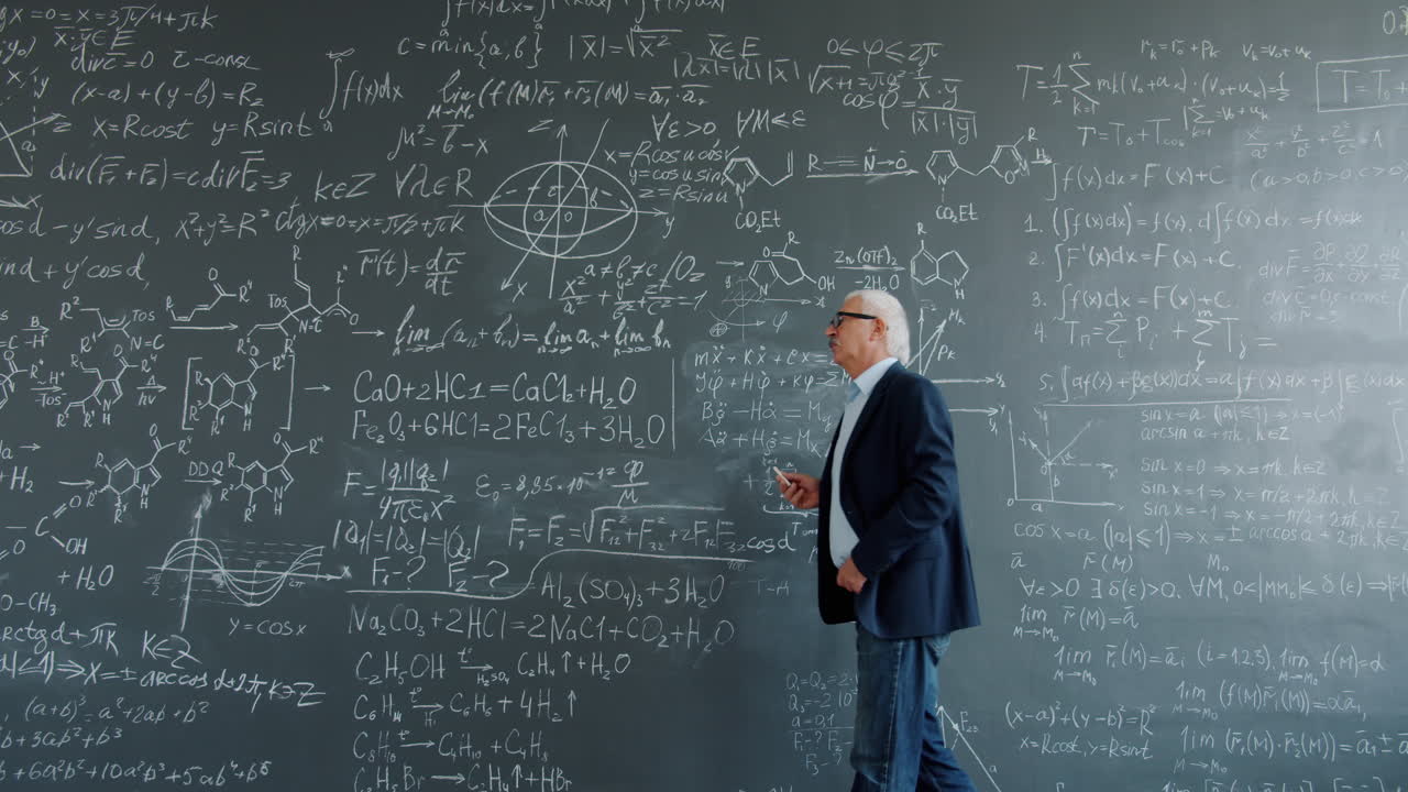 Professor working on a chalkboard filled with equations