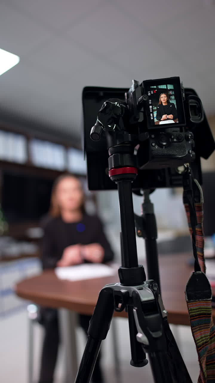 Blogger wearing black jacket talks to camera recording content. Low angle view at the equipment filming a video. Blurred backdrop. Vertical video.
