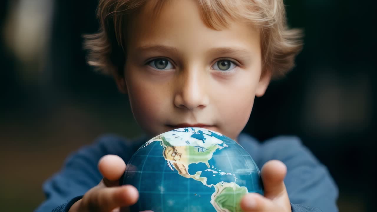 Close up of a young boy gently holding a small globe, symbolizing care for the planet and environmental awareness, fostering a sense of global citizenship and responsibility towards nature