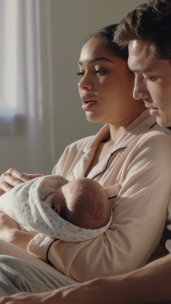 Video verticale: All'arrivo del bambino, madre in vestaglia rosa che culla per calmare, padre che sistema la fascia a casa.