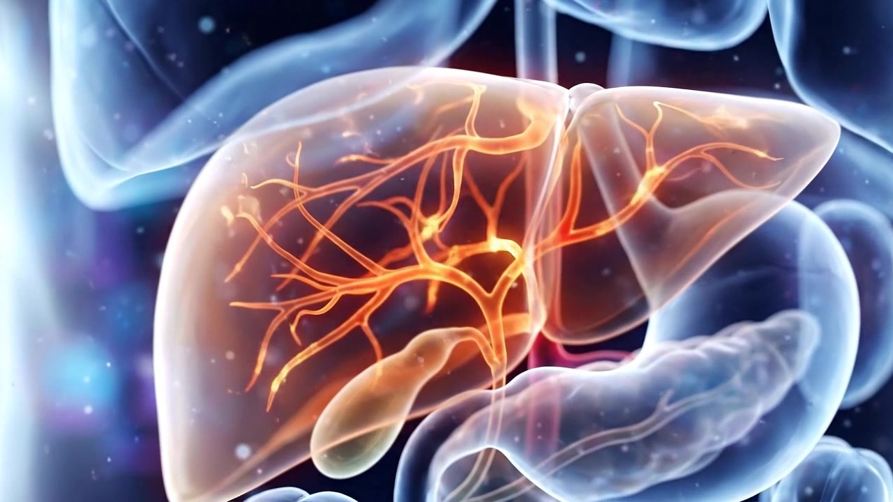 Glowing human liver with branching blood vessels inside transparent torso visualization