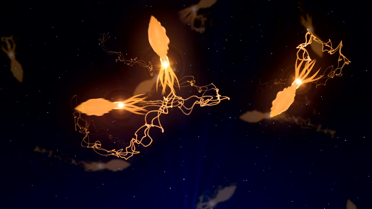 수중에서 컬러 빛으로 조명된 오징어, cg 애니메이션, 루프