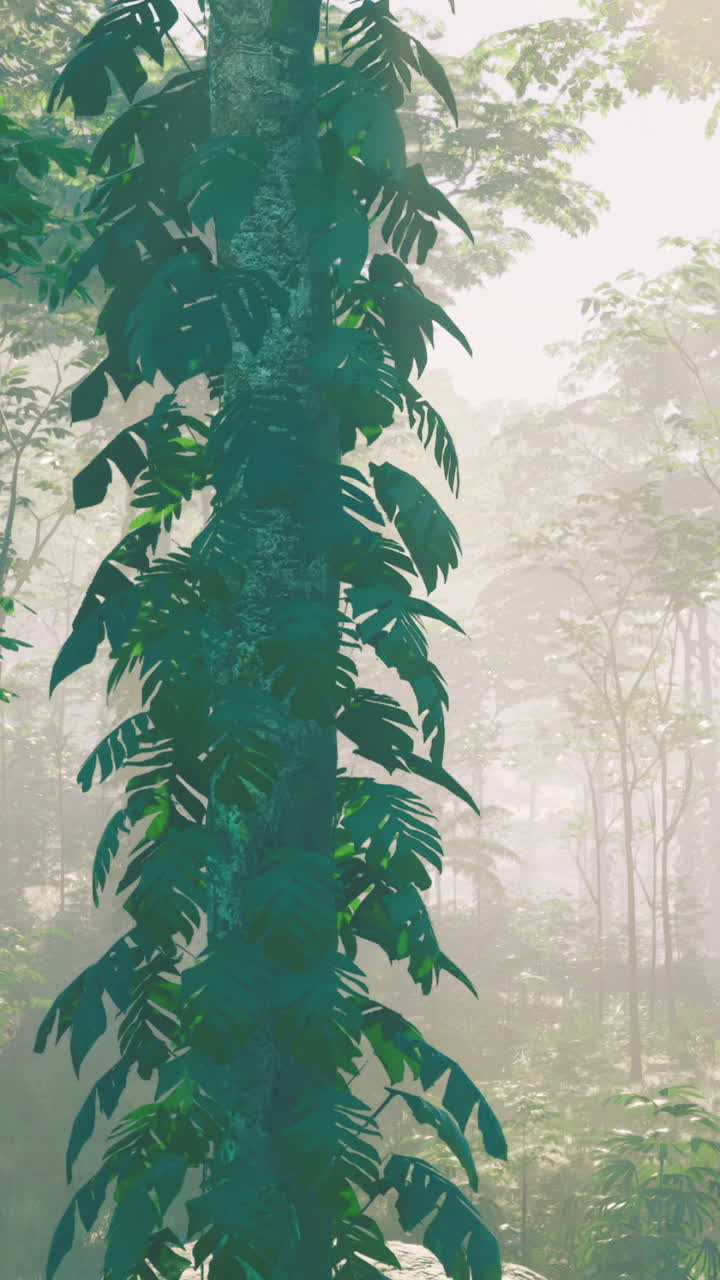 Lush green forest with sunlight filtering through the trees in morning