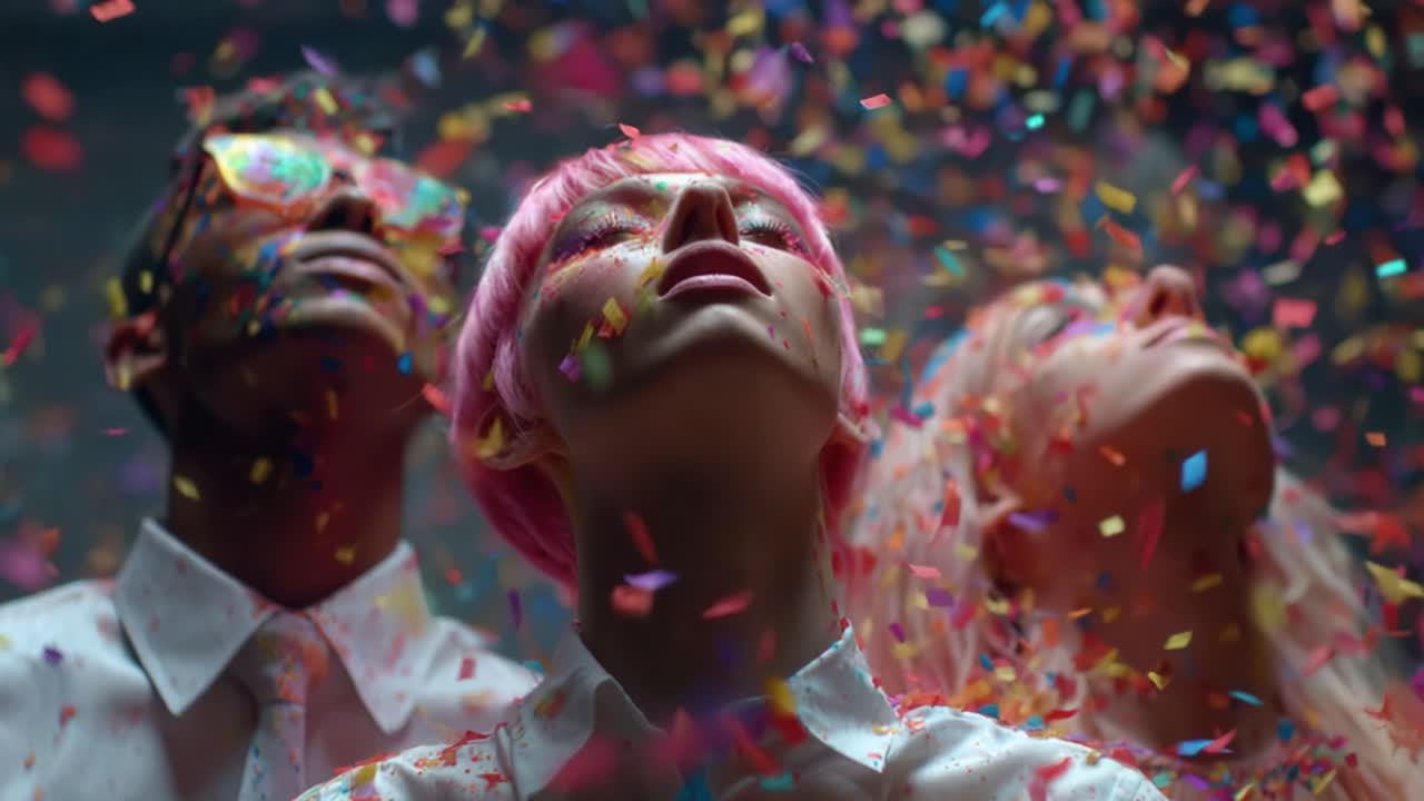 Celebration of Colors: A Triad of Joyful Expressions Amidst a Burst of Confetti and Paint Splashes in a Festive Atmosphere Showcasing Pure Happiness and Unity