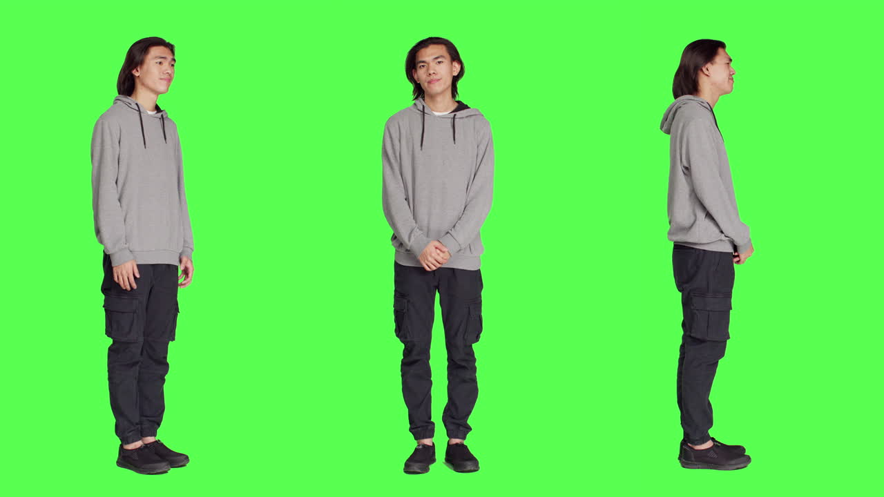 젊은 모델이 카메라에 신호를 하지 않습니다.