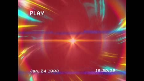 Animation-of-playback-interface-with-lines-of-distortion,-over-swirling-colourful-lights