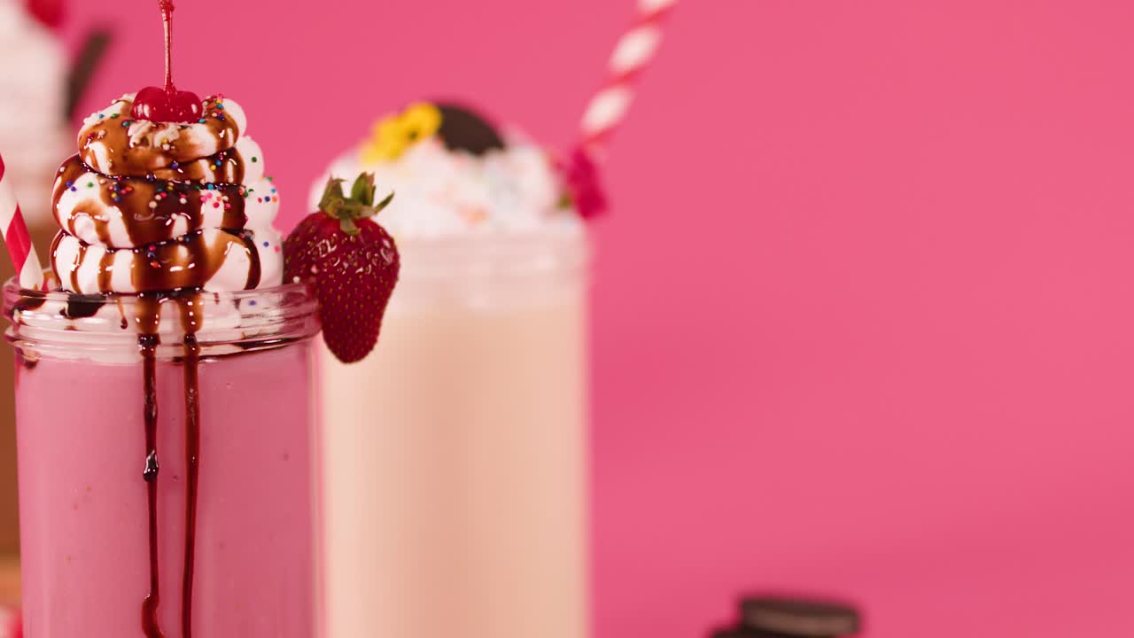 Colorful strawberry milkshake with whipped cream, chocolate drizzle, and cherry, shot in bright studio lighting